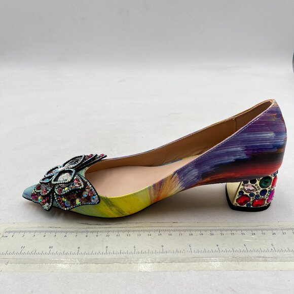 YDN Multi Pointed Toe Bow Pump Colorful Rhinestone Block Low Heel Butterfly Shoe - Picture 2 of 8